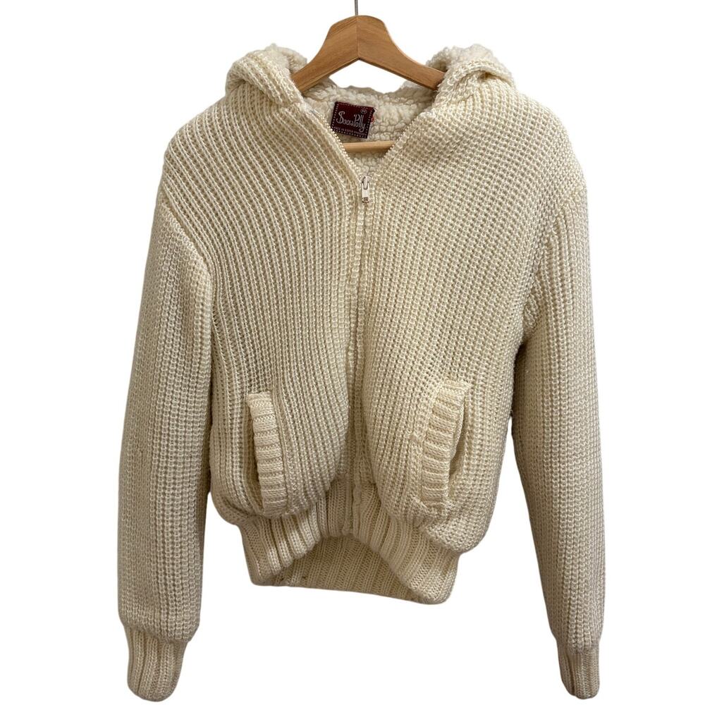 VTG SnowPolly Cardigan Womens Medium Cream Fleece Lined Full Zip Hooded Sweater